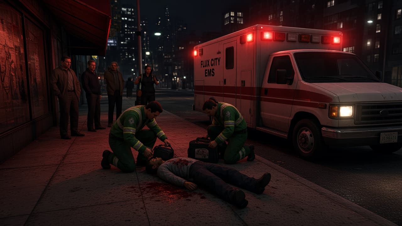 Two Flux City EMS paramedics kneel over an injured citizen on the sidewalk beside an ambulance.