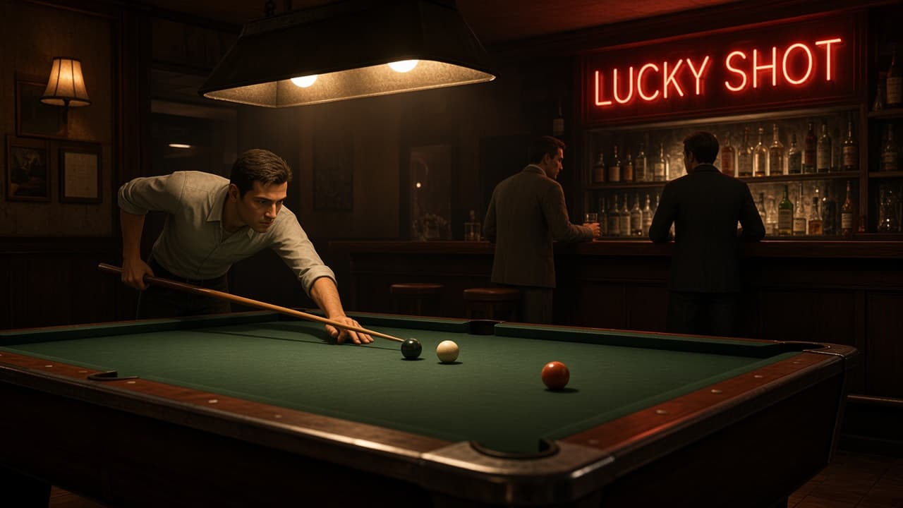A player lines up a pool shot under a hanging lamp while two others drink at the Lucky Shot bar.
