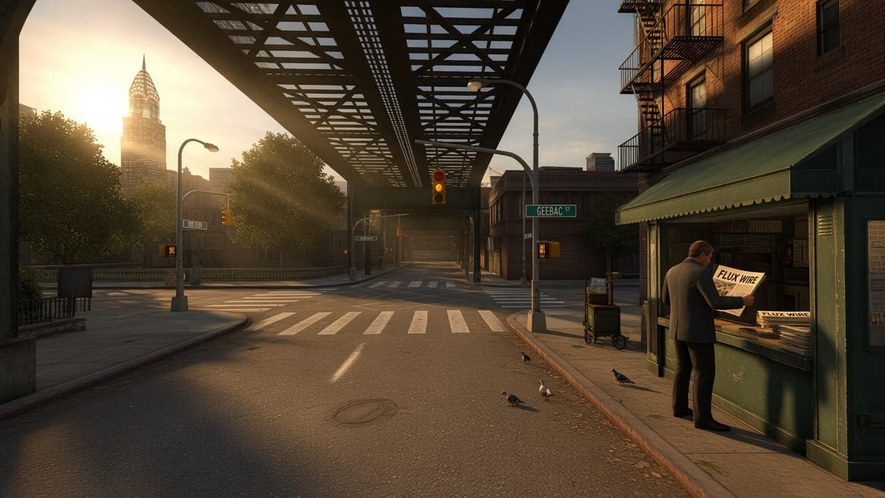 A man reads the Flux Wire newspaper at a green newsstand in early morning sun.