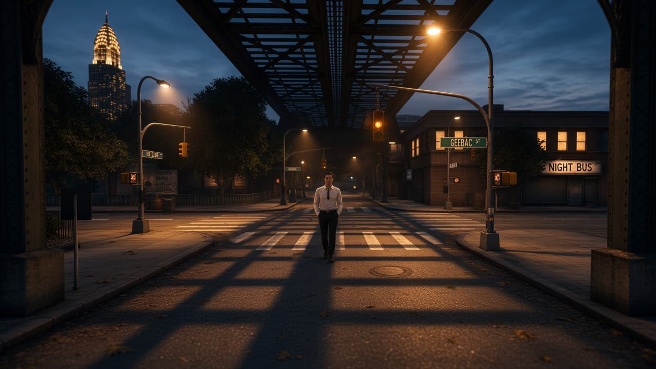 A citizen in a white shirt crosses an empty intersection under the elevated train at dusk.