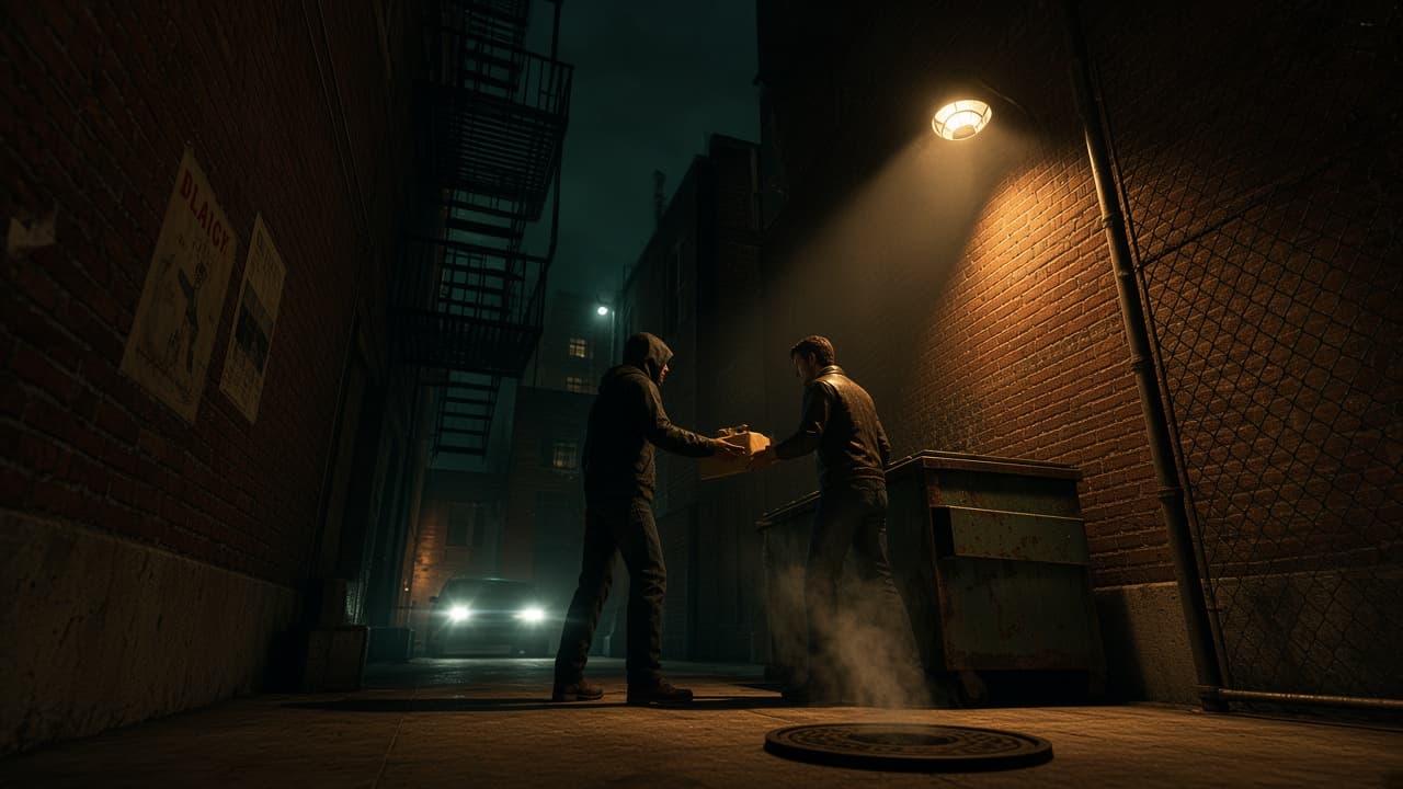Two figures hand off a paper package beside a dumpster in a lamp-lit brick alley.
