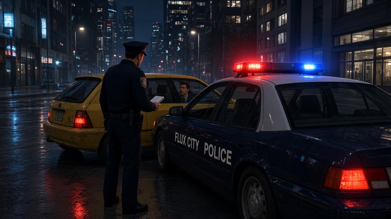 A Flux City Police officer questions a driver beside a yellow hatchback under red and blue lights.
